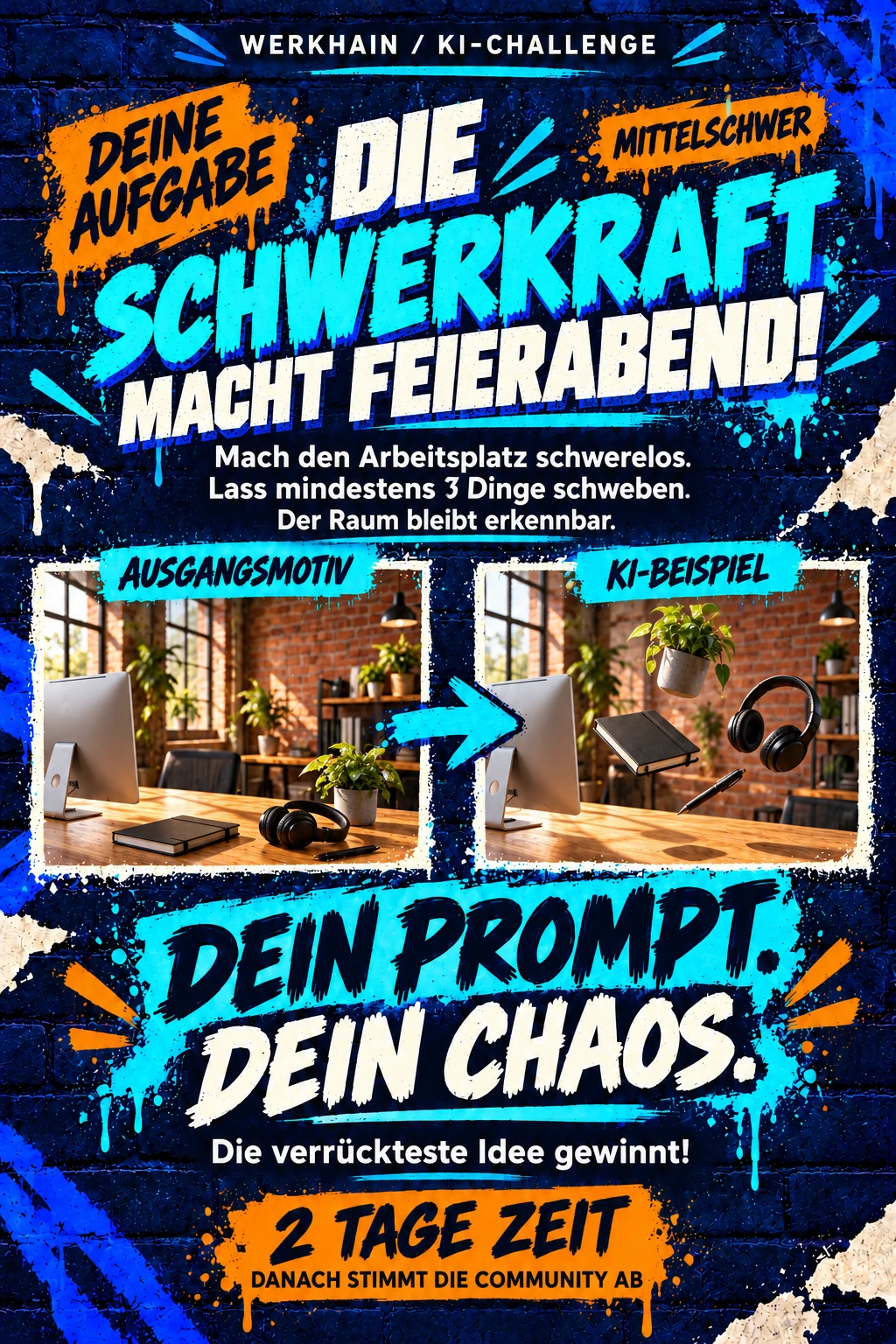 Blaues Graffiti-Plakat: derselbe Arbeitsplatz vor und nach der Verwandlung, mit schwebenden Gegenständen