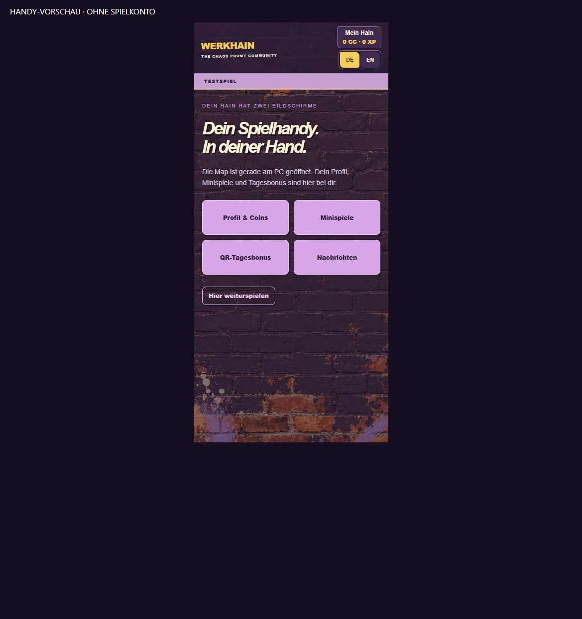 Handy-Begleiter mit Profil, Minispielen, QR-Tagesbonus und Nachrichten